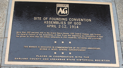 A historic marker, indicating the historic location of the site of the founding convention of the Assemblies of God, was placed in the sidewalk on Central Avenue in Hot Springs. Plaque